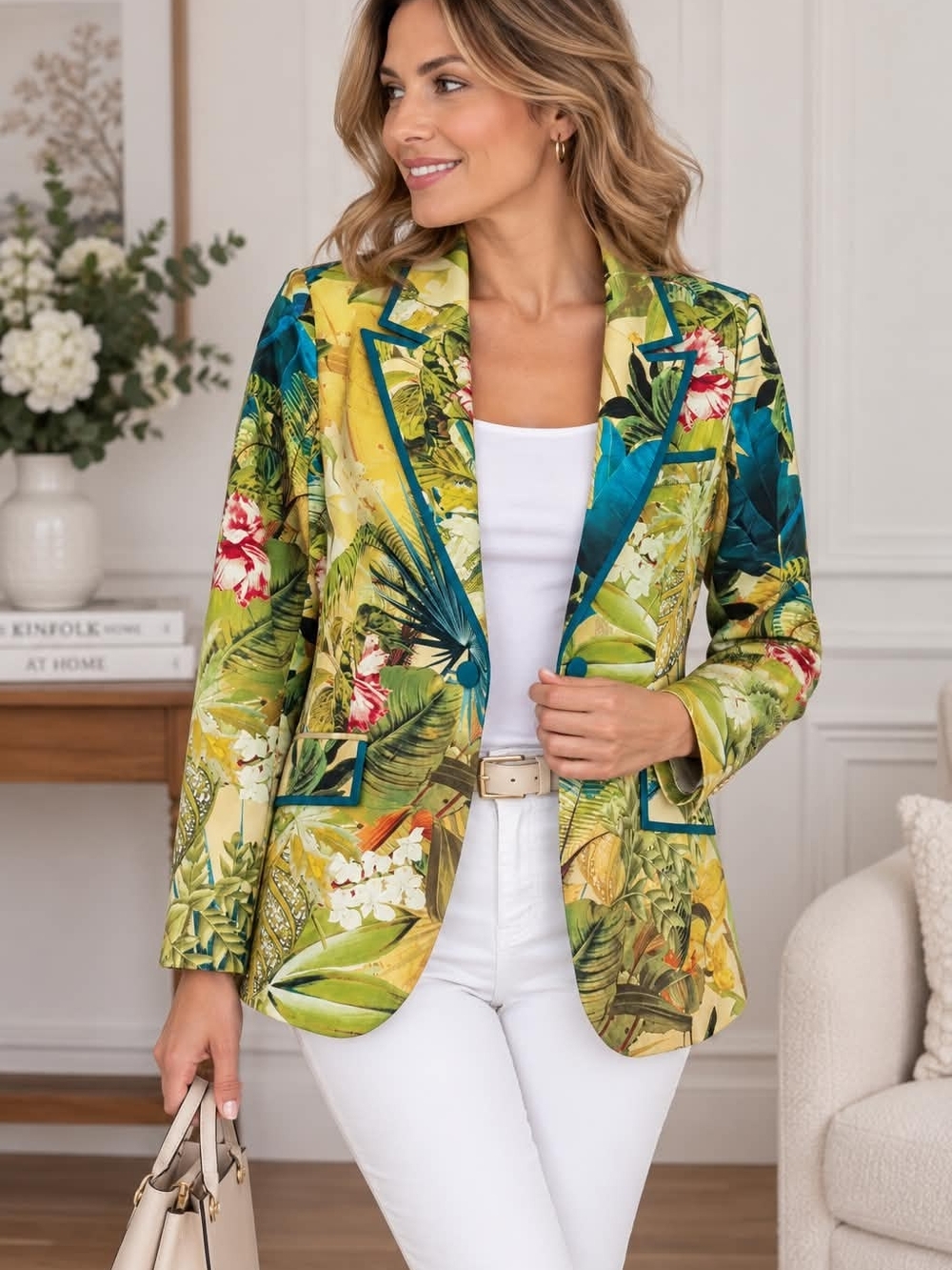 Marciano Tropical Botanical Notch Lapel Blazer in Green and Teal